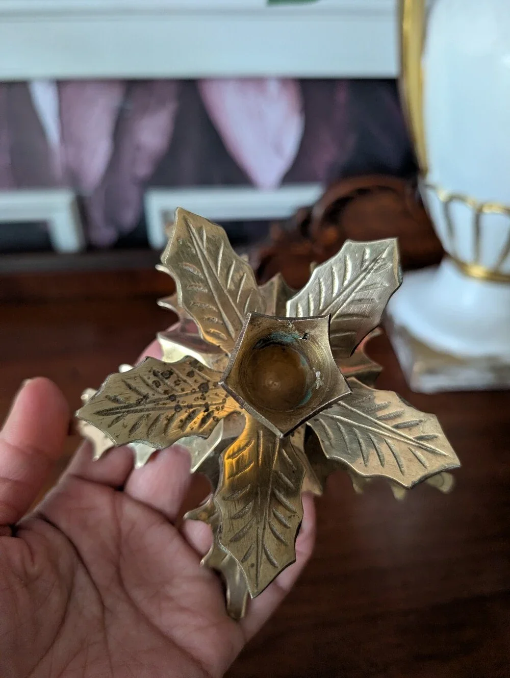 Vintage Solid Brass Leaf Design Tapered Candle Holders Table Decor 2.5
